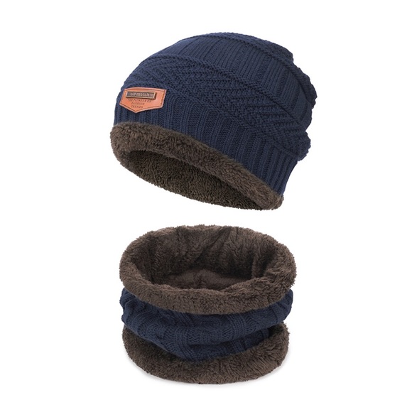 Navy Blue Cable Knit Beanie & Ring Scarf w/ Fleece - Picture 3 of 10